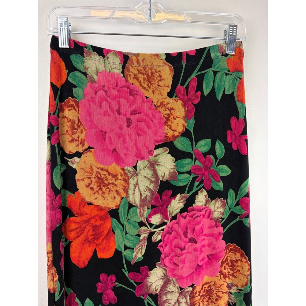 West End Maxi Skirt S Black Floral 90s Slinky Acetate Stretch Long Straight Boho - Picture 3 of 5